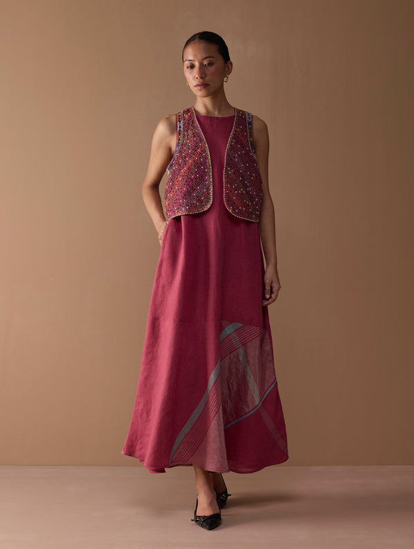 Riza Hand-Embroidered Vest - Metallic Crimson