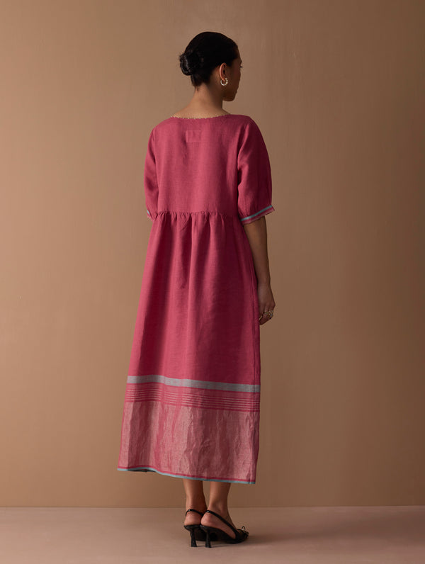 Mara Metallic Linen Gathered Dress - Metallic Crimson