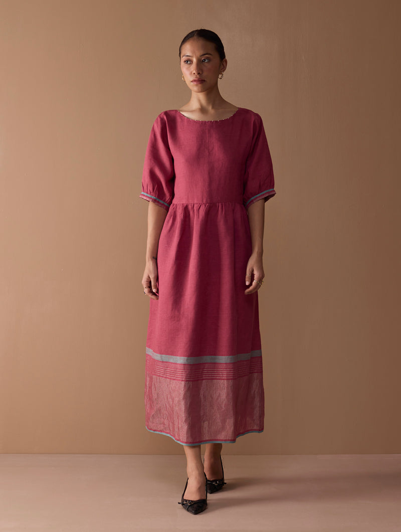 Mara Metallic Linen Gathered Dress - Metallic Crimson