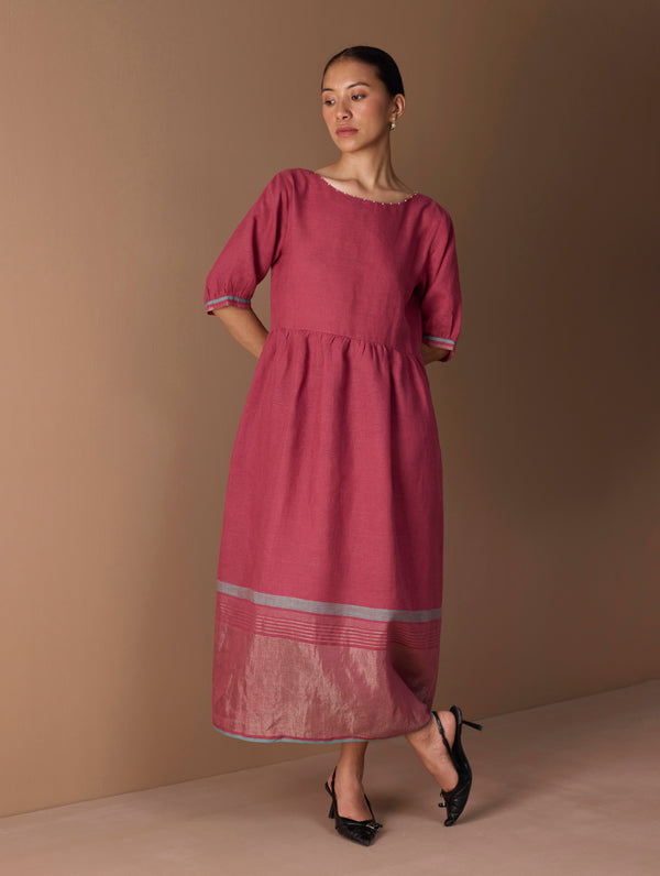 Mara Metallic Linen Gathered Dress - Metallic Crimson