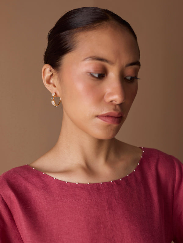 Mara Metallic Linen Gathered Dress - Metallic Crimson