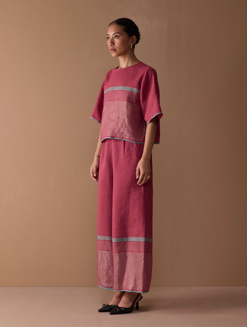 Ozra Cropped Linen Top - Metallic Crimson