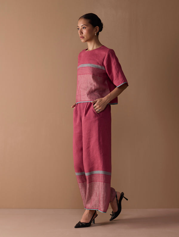 Ozra Cropped Linen Top - Metallic Crimson