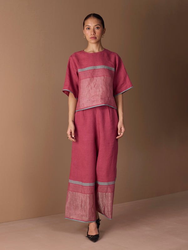 Ozra Cropped Linen Top - Metallic Crimson