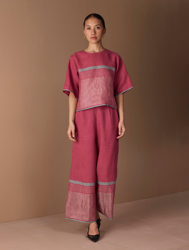 Ozra Cropped Linen Top - Metallic Crimson