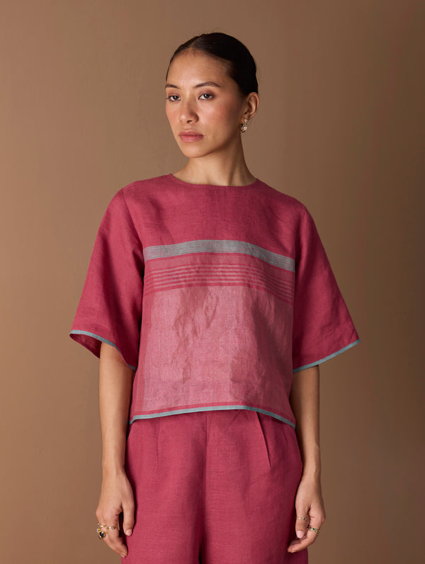 Ozra Cropped Linen Top - Metallic Crimson