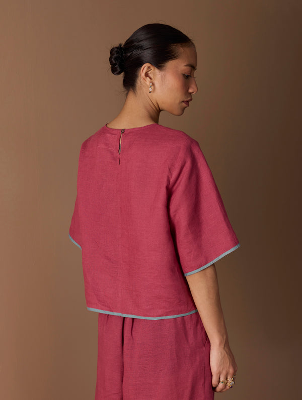 Ozra Cropped Linen Top - Metallic Crimson