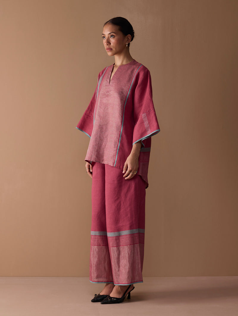 Zina Metallic Linen  Co-ord Set - Metallic Crimson