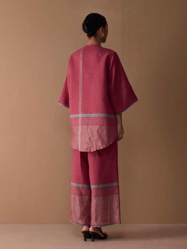 Zina Metallic Linen Top - Metallic Crimson