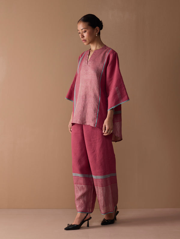 Zina Metallic Linen  Co-ord Set - Metallic Crimson