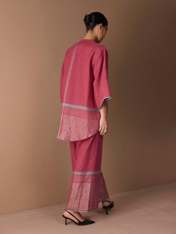 Zina Metallic Linen  Co-ord Set - Metallic Crimson