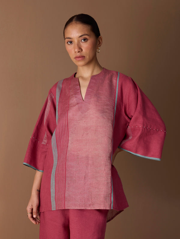 Zina Metallic Linen  Co-ord Set - Metallic Crimson
