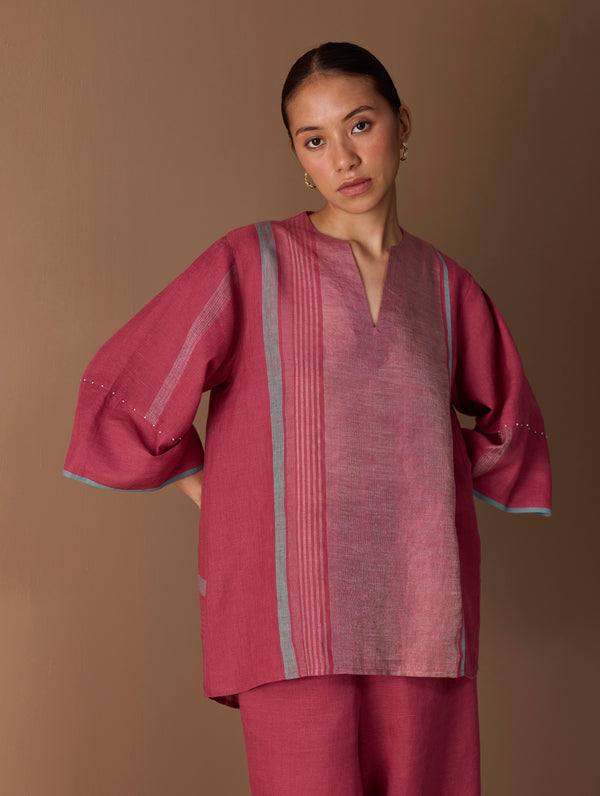 Zina Metallic Linen Top - Metallic Crimson