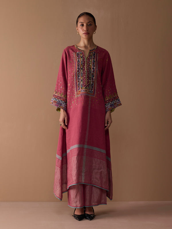 Mahra Hand-Embroidered Linen Kurta Set - Metallic Crimson