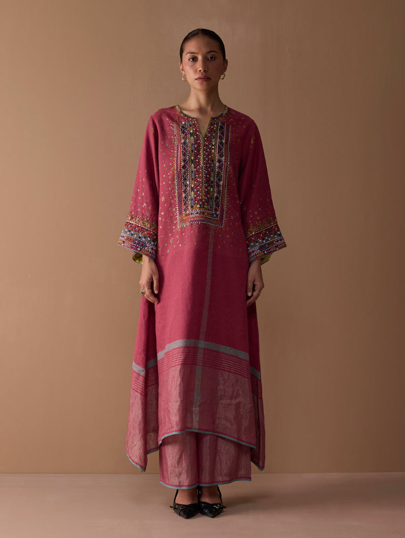 Mahra Hand-Embroidered Linen Kurta Set - Metallic Crimson