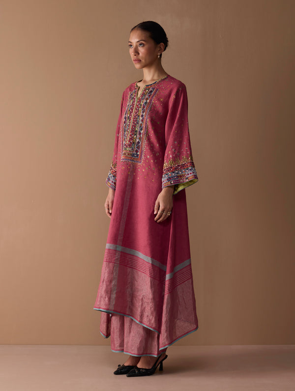 Mahra Hand-Embroidered Linen Kurta - Metallic Crimson
