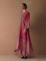 Mahra Hand-Embroidered Linen Kurta Set - Metallic Crimson