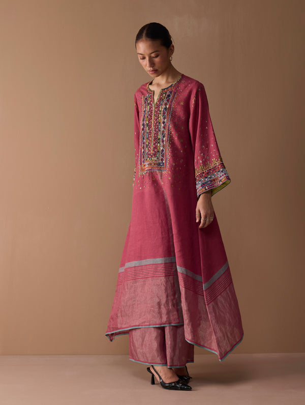 Mahra Hand-Embroidered Linen Kurta - Metallic Crimson