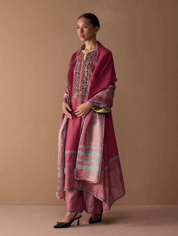 Mahra Hand-Embroidered Linen Kurta Set - Metallic Crimson