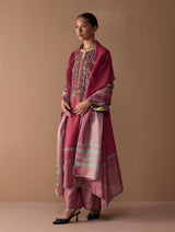 Mahra Hand-Embroidered Linen Kurta Set - Metallic Crimson