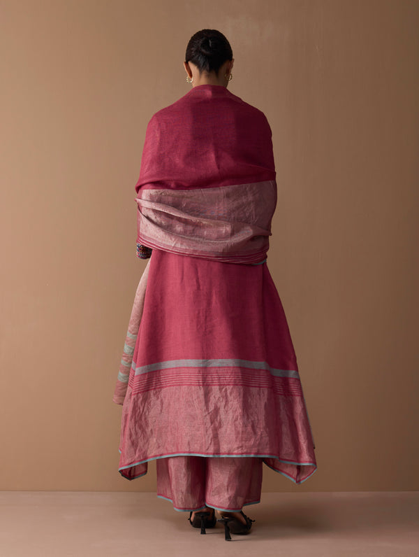 Mahra Hand-Embroidered Linen Kurta Set - Metallic Crimson