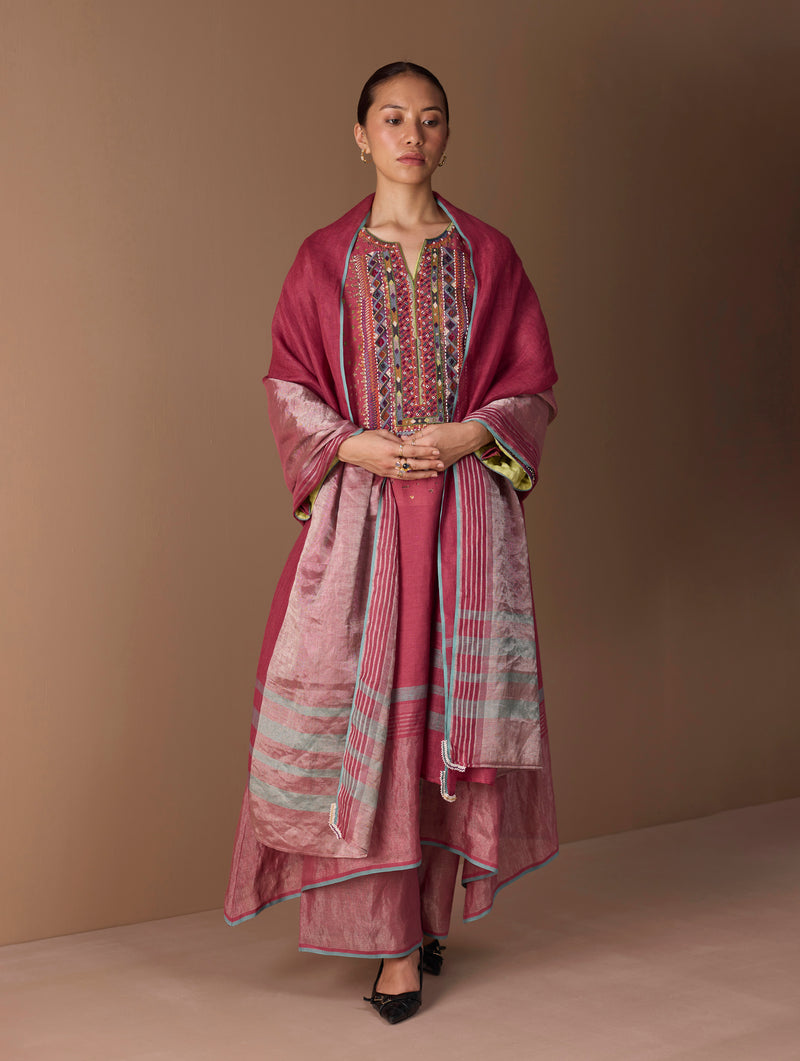 Mahra Hand-Embroidered Linen Kurta Set - Metallic Crimson