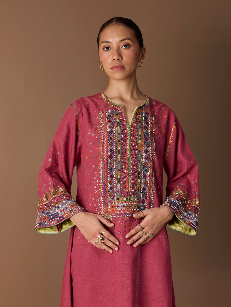 Mahra Hand-Embroidered Linen Kurta Set - Metallic Crimson
