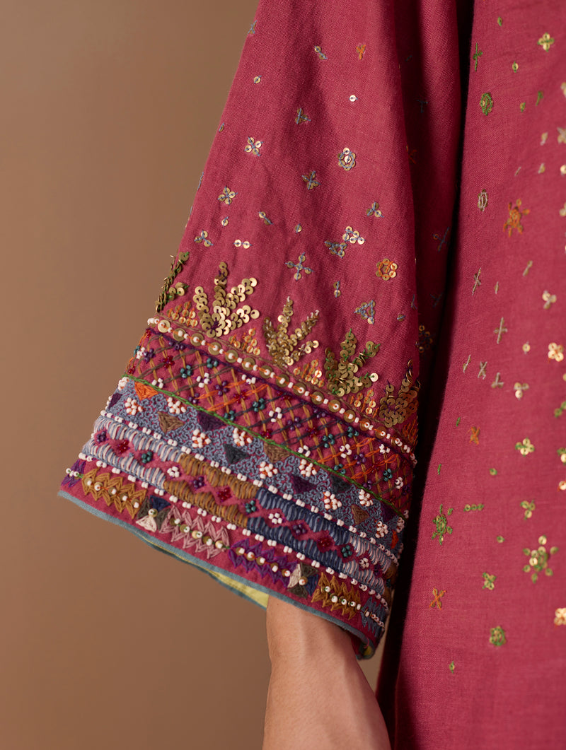 Mahra Hand-Embroidered Linen Kurta Set - Metallic Crimson