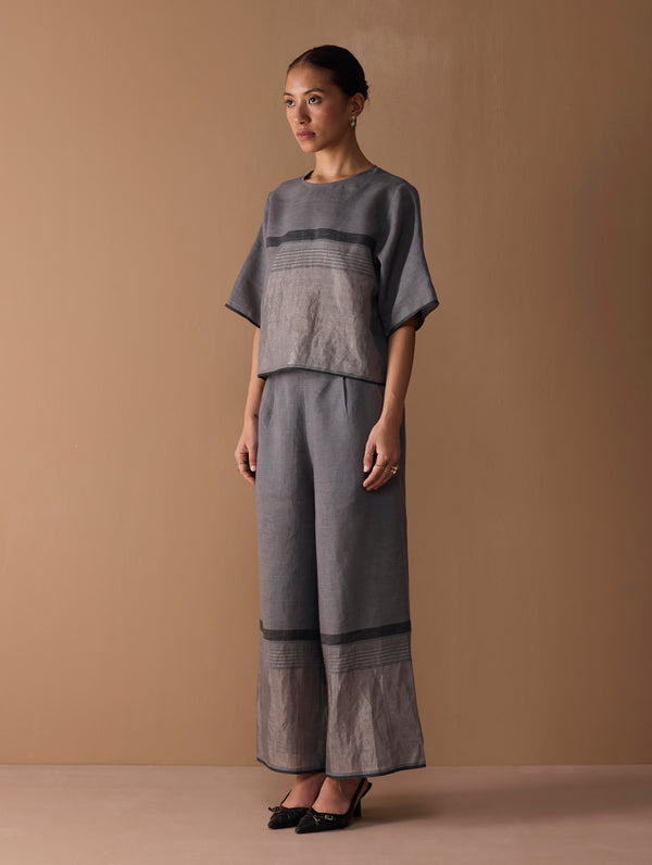 Ozra Cropped Linen Top - Metallic Grey