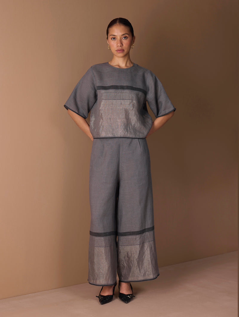 Ozra Cropped Linen Top - Metallic Grey