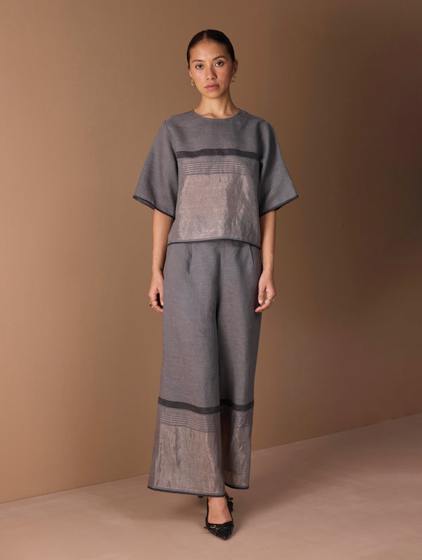 Ozra Cropped Linen Top - Metallic Grey