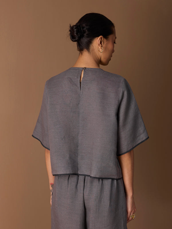 Ozra Cropped Linen Top - Metallic Grey