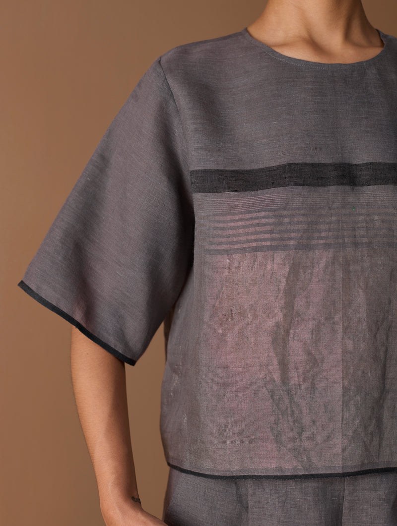 Ozra Cropped Linen Top - Metallic Grey