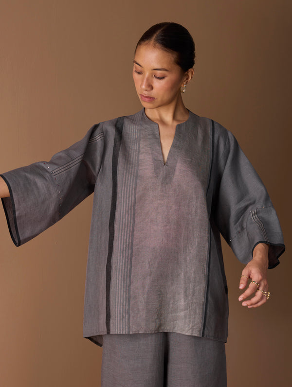 Zina Metallic Linen Top - Metallic Grey