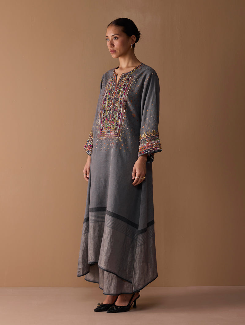 Mahra Hand-Embroidered Linen Kurta - Metallic Grey