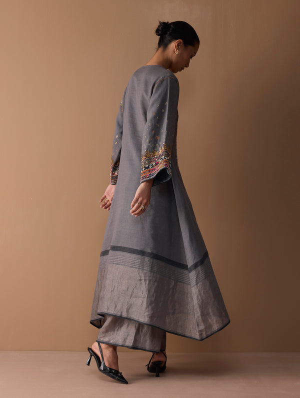 Mahra Hand-Embroidered Linen Kurta Set - Metallic Grey