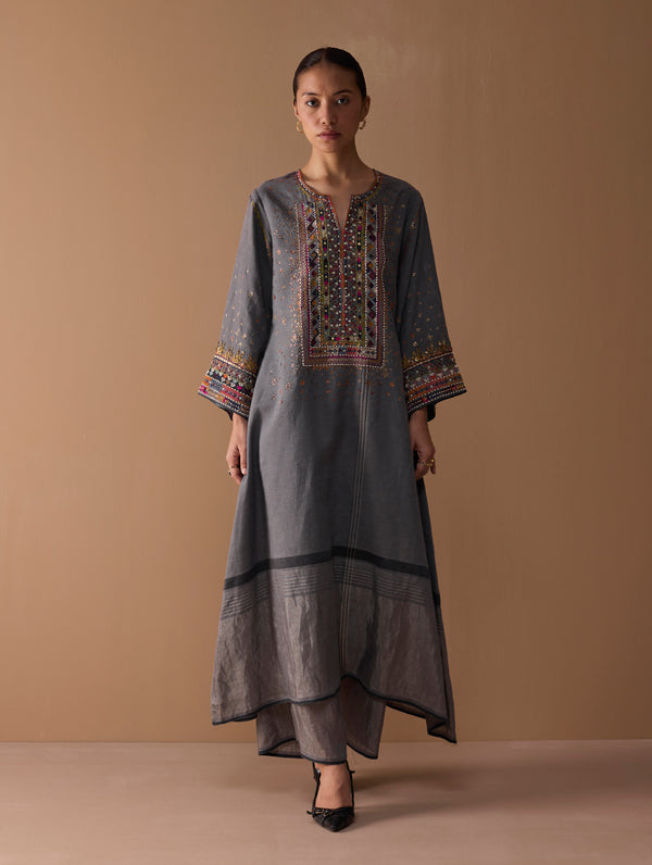Mahra Hand-Embroidered Linen Kurta Set - Metallic Grey