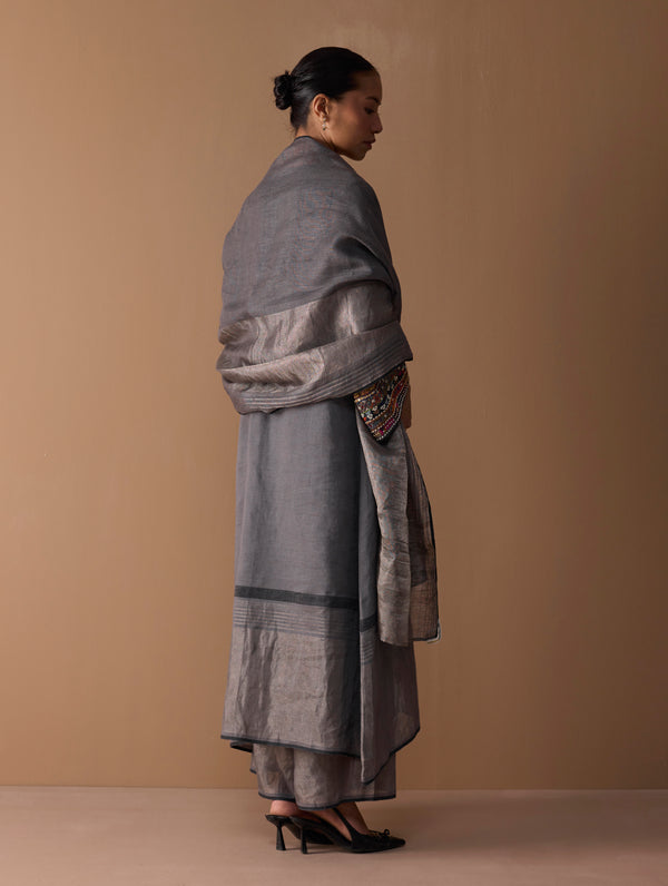 Mahra Hand-Embroidered Linen Kurta Set - Metallic Grey
