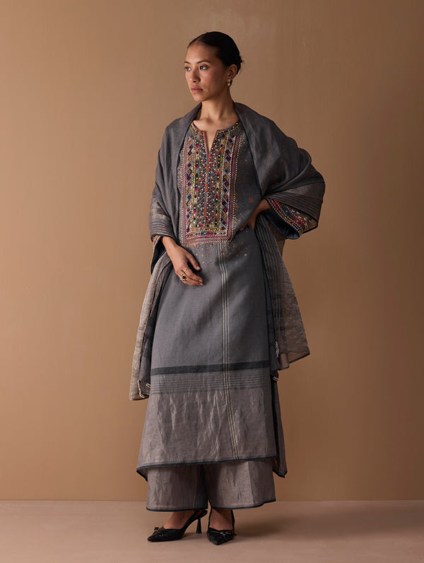 Mahra Hand-Embroidered Linen Kurta Set - Metallic Grey