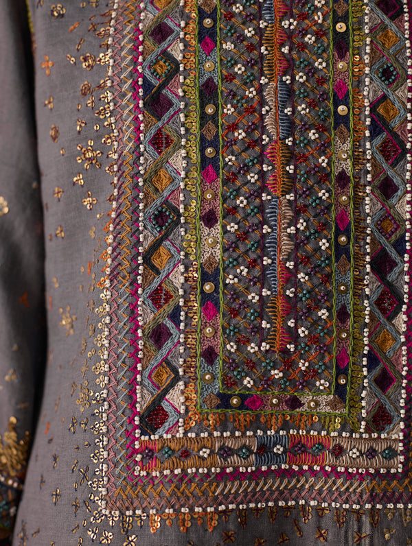 Mahra Hand-Embroidered Linen Kurta Set - Metallic Grey