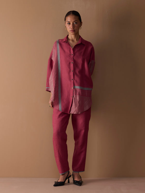 Iza Metallic Linen Co-ord Set - Metallic Crimson