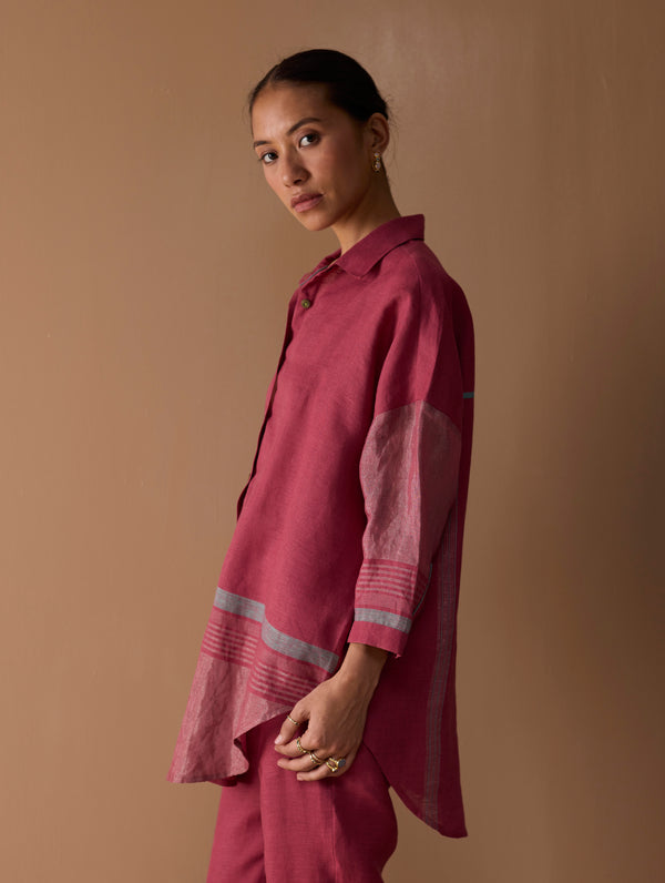 Iza Metallic Linen Shirt - Metallic Crimson