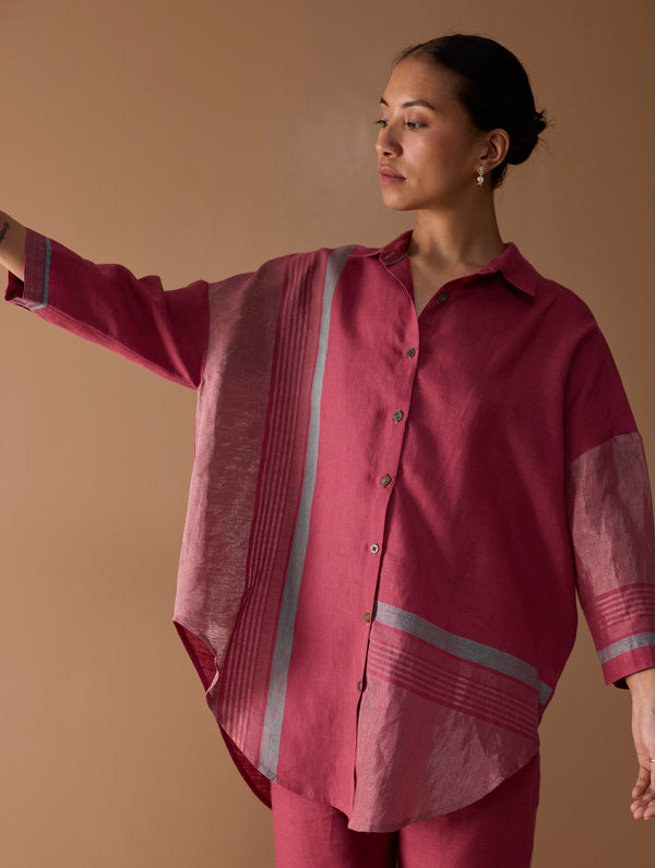 Iza Metallic Linen Co-ord Set - Metallic Crimson