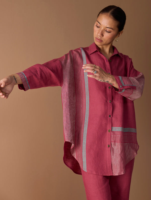 Iza Metallic Linen Shirt - Metallic Crimson
