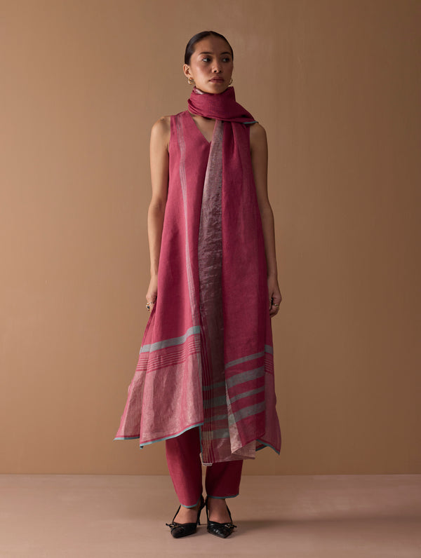 Baro Metallic Linen Stripe Dupatta - Metallic Crimson