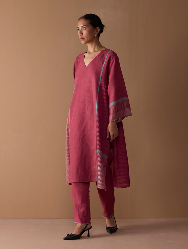 Marwa Metallic Linen Panelled Kurta Set - Metallic Crimson