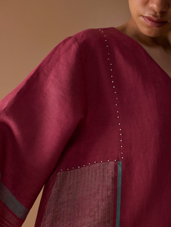 Marwa Metallic Linen Panelled Kurta - Metallic Crimson
