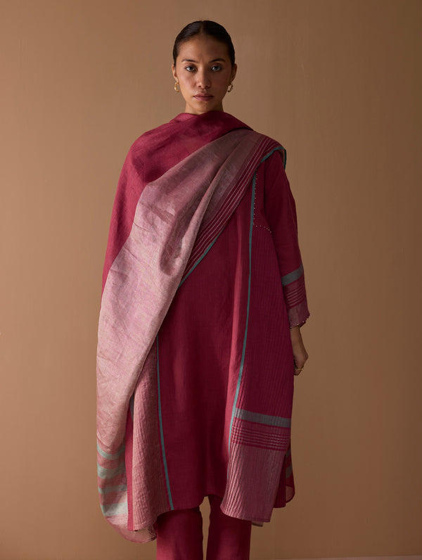 Baro Metallic Linen Stripe Dupatta - Metallic Crimson