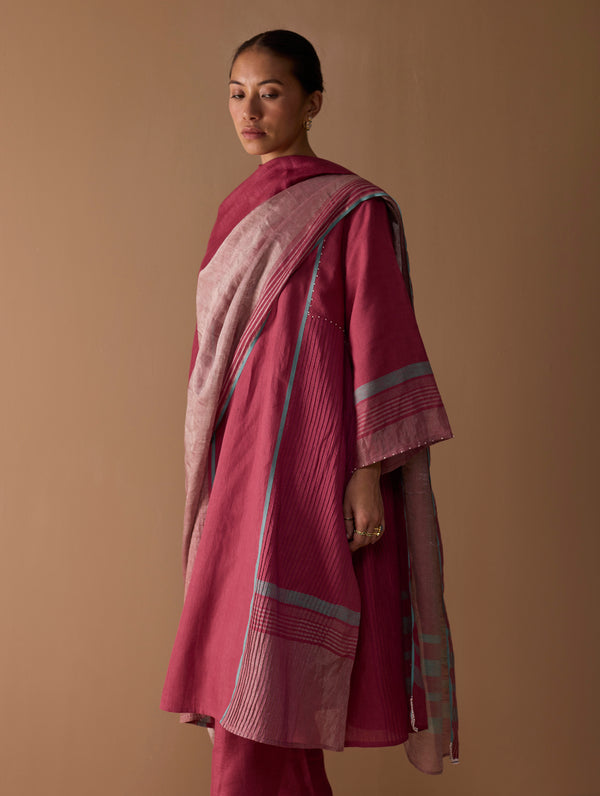 Baro Metallic Linen Stripe Dupatta - Metallic Crimson