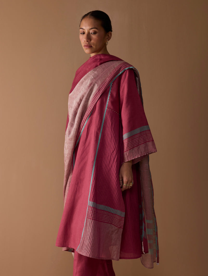 Baro Metallic Linen Stripe Dupatta - Metallic Crimson